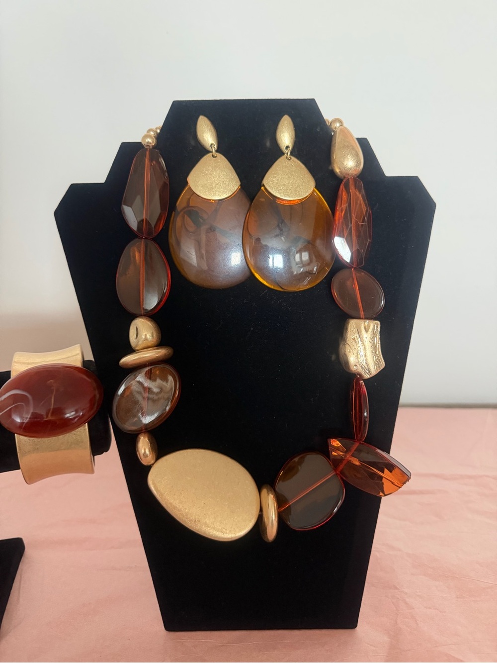 Gold and Amber Beaded Statement Necklace, Bracelet with Matching Earrings